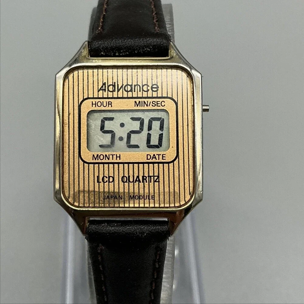 Vintage Advance Womens Watch 23mm Gold LCD Digital Black Leather New Battery